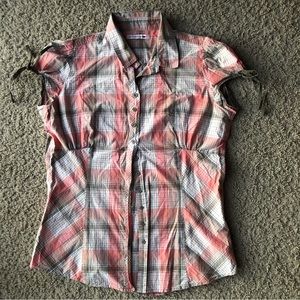 Levi Strauss Womens Multicolor Plaid Short Sleeve Button Front Blouse